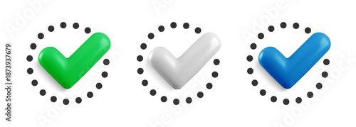 Vector realistic 3d Check mark in flat dotted circle icon set. Trendy plastic green, blue and white checkmark, select circle icon. Round yes button collection. 3d render tick sign for web, app, game.