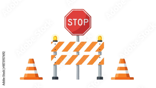 Flat vector illustration of a road construction stop sign