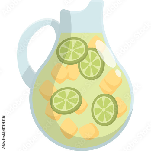 Pitcher of refreshing drink with lime slices and ice cubes