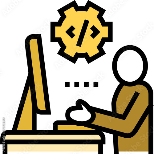 Programmer at Computer with Coding Gear Icon
