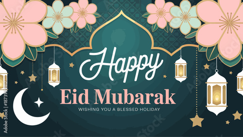 Happy Eid Mubarak Greeting Card with Lanterns and Flowers