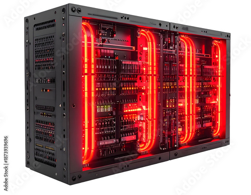 Server rack glowing red with electronic components and cables