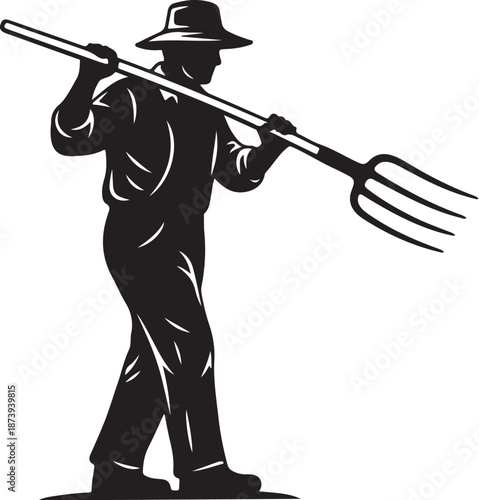 Farmer Holding Pitchfork in Black and White Silhouette Style