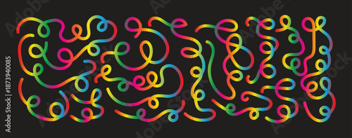 Modern Colorful wavy lines with rainbow gradient on black background illustration.
