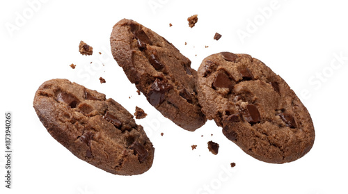 Photos group of three chocolate chip cookies with visible dark chocolate chunks, isolated on black
