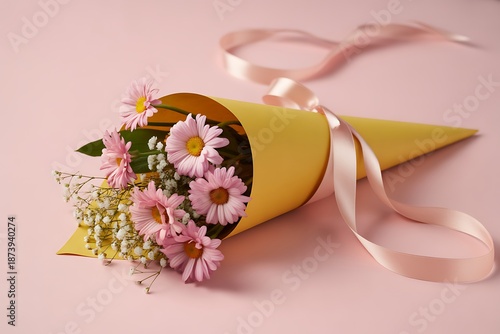 A small bouquet of daisies wrapped in yellow paper with a pink ribbon