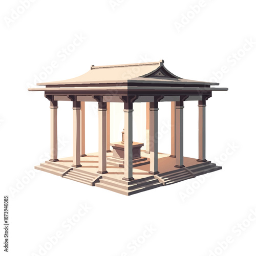 A cartoon-style illustration of a classic pavilion with columns and a tiled roof on a white background with warm beige tones.