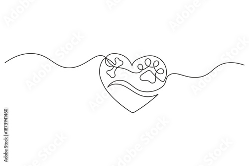 Continuous line art minimalist design concept heart dog paw and bone