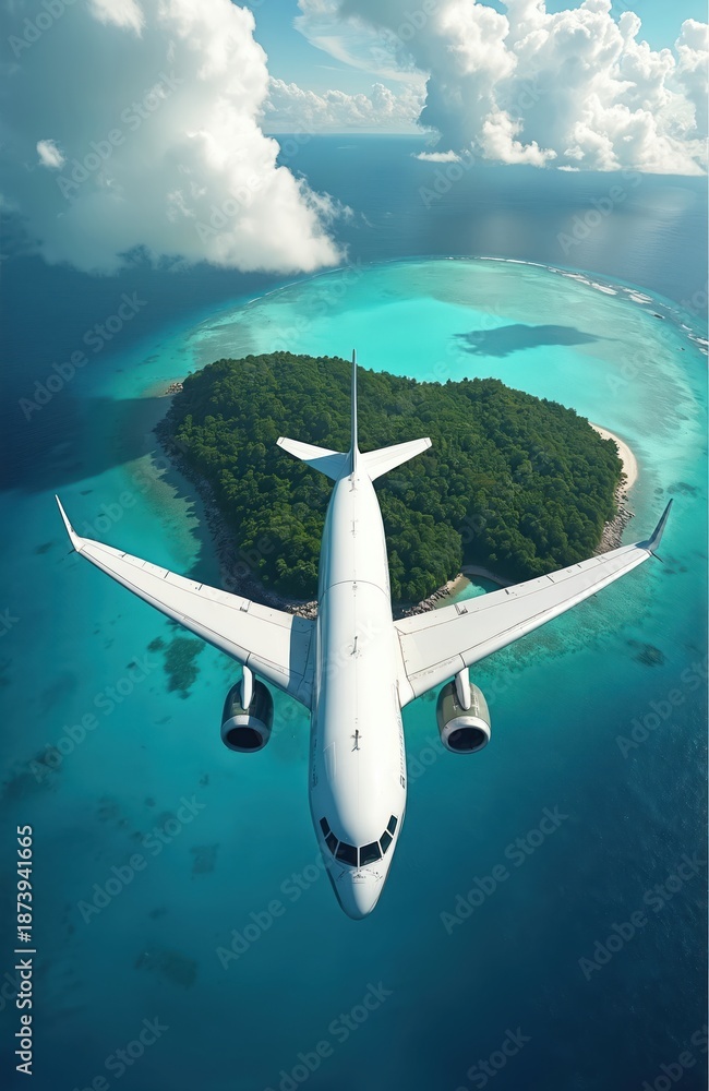Fototapeta premium Airplane flies over tropical island with blue water lagoon. Plane tourism travel with sky clouds above and tropical island at ocean. Airplane concept for travel destination advertisement or vacation.