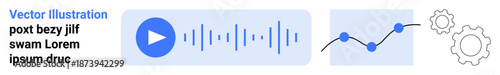 Audio technology, data analysis, process automation, workflow management, sound visualization, tech systems. Play button and waveforms, chart and gears. Audio technology and data analysis concepts