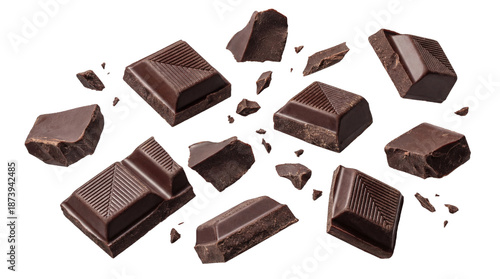Foto rich dark chocolate chunks and broken pieces scattered dynamically against a stark transparent background, evoking indulgence and decadent dessert experiences