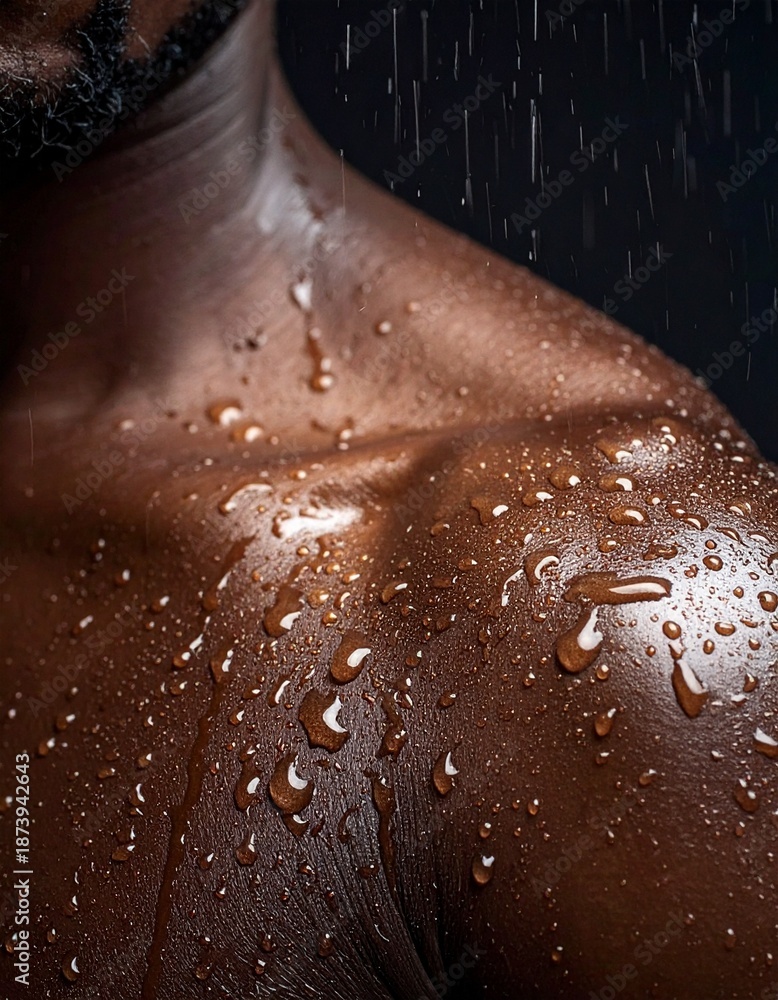 Fototapeta premium Gotas de lluvia cayendo sobre la piel humana en primer plano, textura detallada, luz fría y difusa, sensación táctil de frescura y contacto
