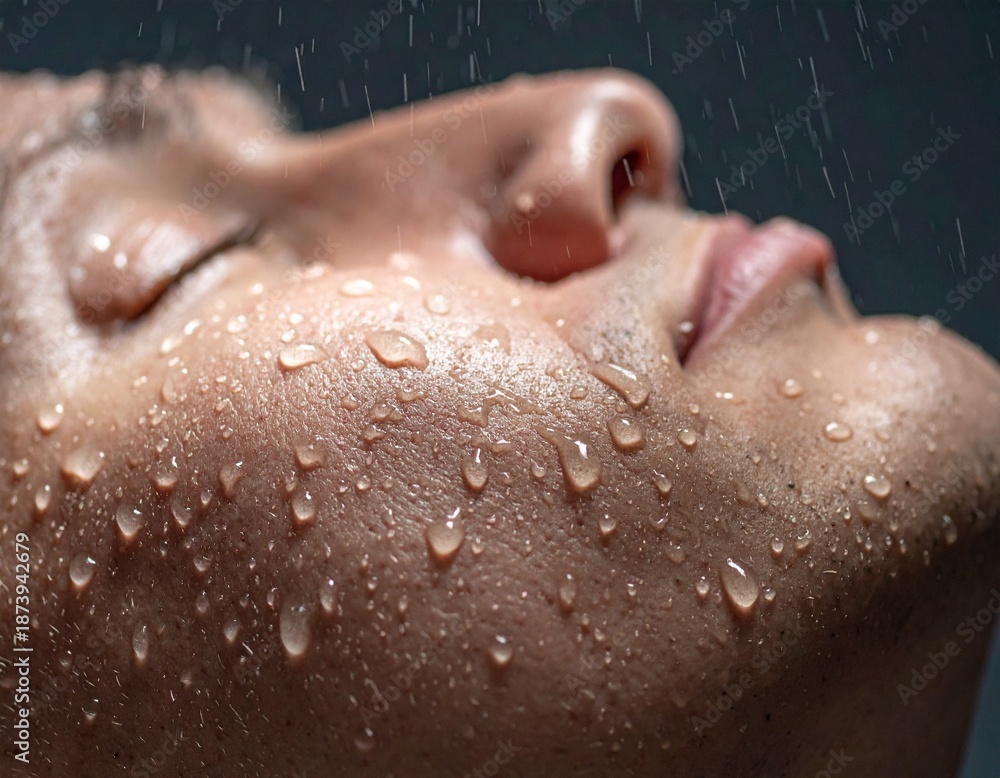 Fototapeta premium Gotas de lluvia cayendo sobre la piel humana en primer plano, textura detallada, luz fría y difusa, sensación táctil de frescura y contacto