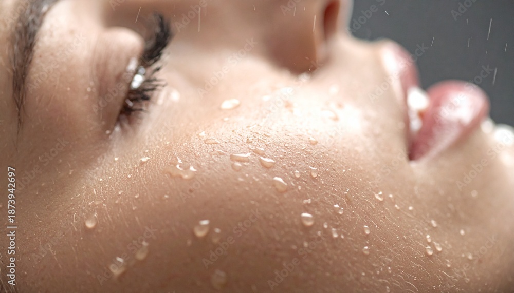 Fototapeta premium Gotas de lluvia cayendo sobre la piel humana en primer plano, textura detallada, luz fría y difusa, sensación táctil de frescura y contacto