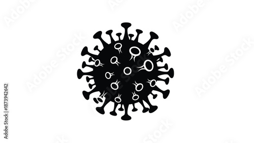 Black and white illustration of a coronavirus particle with spiked protrusions