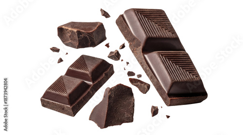 a selection of broken dark chocolate bar pieces and crumbs floating on a transparent background.