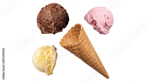 Photos scoops of assorted ice cream flavors with a waffle cone, vanilla, chocolate, str