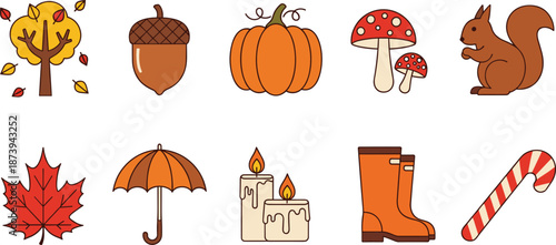 Colorful autumn season vector collection featuring flat illustrations of a fall tree, pumpkin, acorn, mushrooms, squirrel, maple leaf, umbrella, and orange rain boots.
