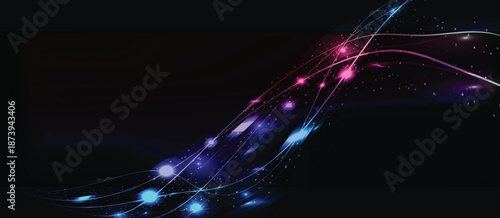 Modern Abstract flowing light trails with vibrant purple and blue bokeh on a dark background.