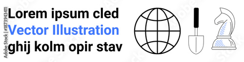 Business growth, education, global strategy, teamwork, chess thinking, gardening hobby. Globe, spade chess knight with text. Global strategy and teamwork concept