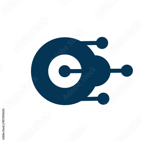 Abstract tech logo with a central dot, circular layers, and three connected nodes, symbolizing digital networks, connectivity, or scientific innovation.