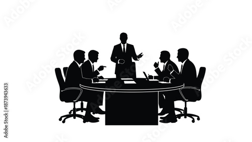 A silhouette of a business meeting around a large conference table