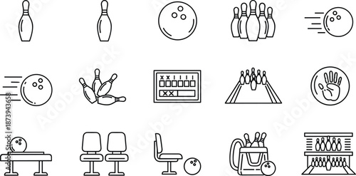 Minimalist black and white line art vector collection of bowling icons featuring pins, balls in motion, scoring displays, alley seating, and professional equipment bags.