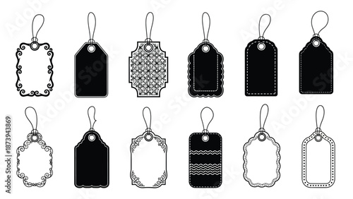 Collection of various black and white price tags labels and decorative elements