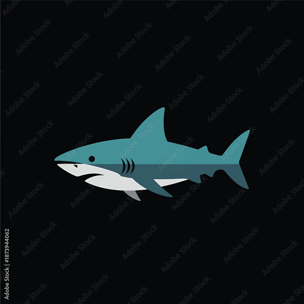 Fototapeta premium Illustration of a Teal Shark with White Underside on Black Background.