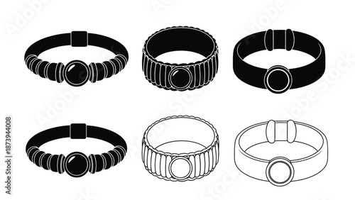 Illustrative designs of various black and white bracelets displayed in a row