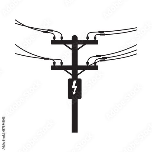 A simple black and white illustration of a utility pole with a lightning symbol
