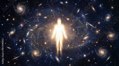 hyper-realistic photograph of an endless expanse of stars and galaxies swirling in a vast, dark universe, with a radiant, glowing figure at the center