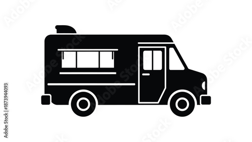 Simple black silhouette illustration of a classic food truck vehicle design