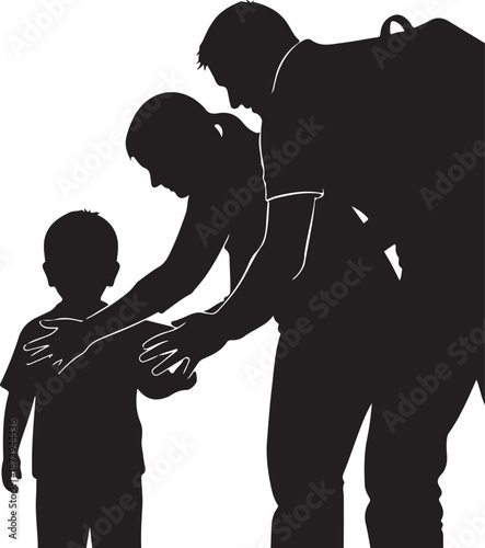 Silhouette of a father and son walking together happily