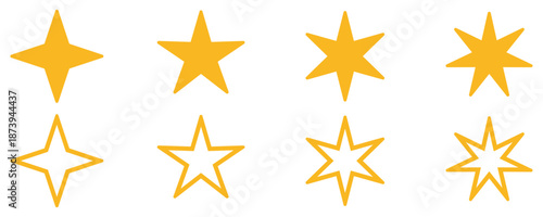 Star set. Eight variations of yellow stars with different points. Silhouettes and outline lines, isolated on a white background. Vector illustration.
