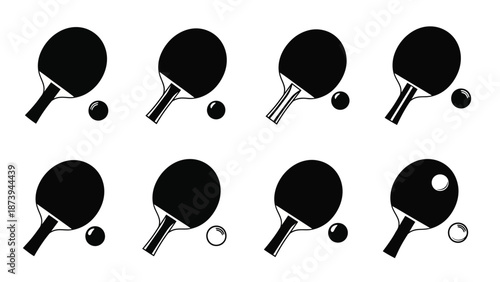 Black and white illustration of table tennis paddles and balls in arrangement