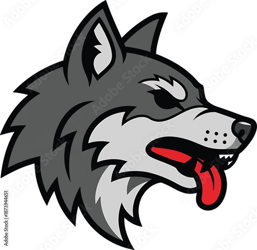 Intense Gray Wolf Head with Red Tongue Out Illustration.
