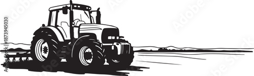 Tractor Plowing Field in Black and White Illustration Style