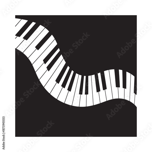 A flowing piano keyboard design against a stark black background artfully rendered
