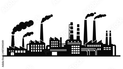 Industrial cityscape with factory buildings and smoke stacks emitting pollution