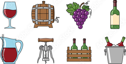 Colorful viticulture and wine vector icon set featuring illustrations of red wine glasses, wooden barrels, grape clusters, wine bottles, corkscrews, and chilled ice buckets.