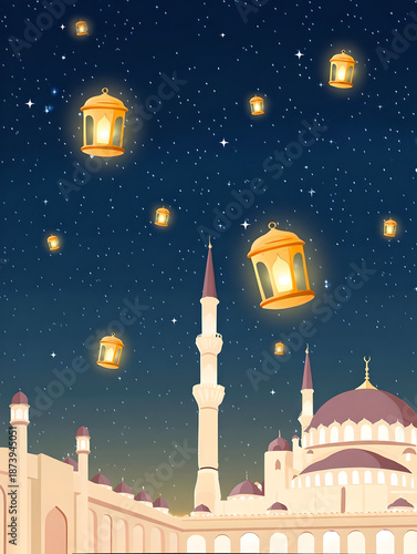 Floating Lanterns Over Mosque Under Starry Night Sky Illustration