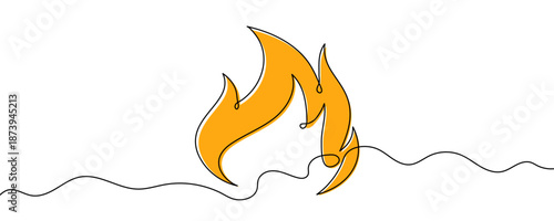 Yellow flame symbol in one line art style. Drawing with editable black stroke on a white background. Vector illustration, heat or energy concept.