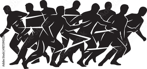 Silhouettes of people running together in a chaotic manner