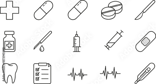 Professional medical and healthcare vector line icon set featuring pills, capsules, syringe, scalpel, first aid cross, thermometer, dental tooth, and heartbeat pulse symbols.