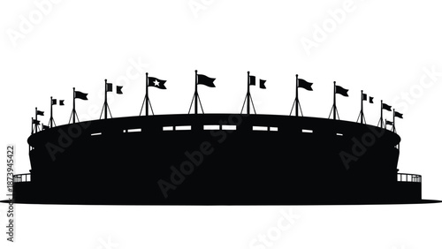 Silhouetted stadium with waving flags against a plain white background