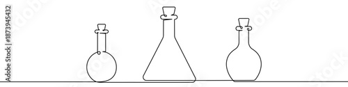 Three laboratory flasks with cork stoppers. Drawing in one line art style with editable black stroke. Vector illustration, concept of chemistry, science or medicine.
