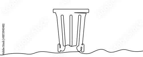 Empty trash can or garbage container on wheels with an open lid in one line art style. Drawing with editable black stroke on a white background. Vector illustration, cleaning or disposal concept.