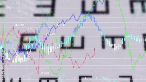 Animation of financial data processing over snellen eye chart against white background