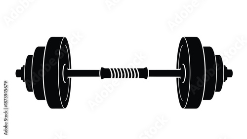 A black and white illustration of a standard barbell for weightlifting
